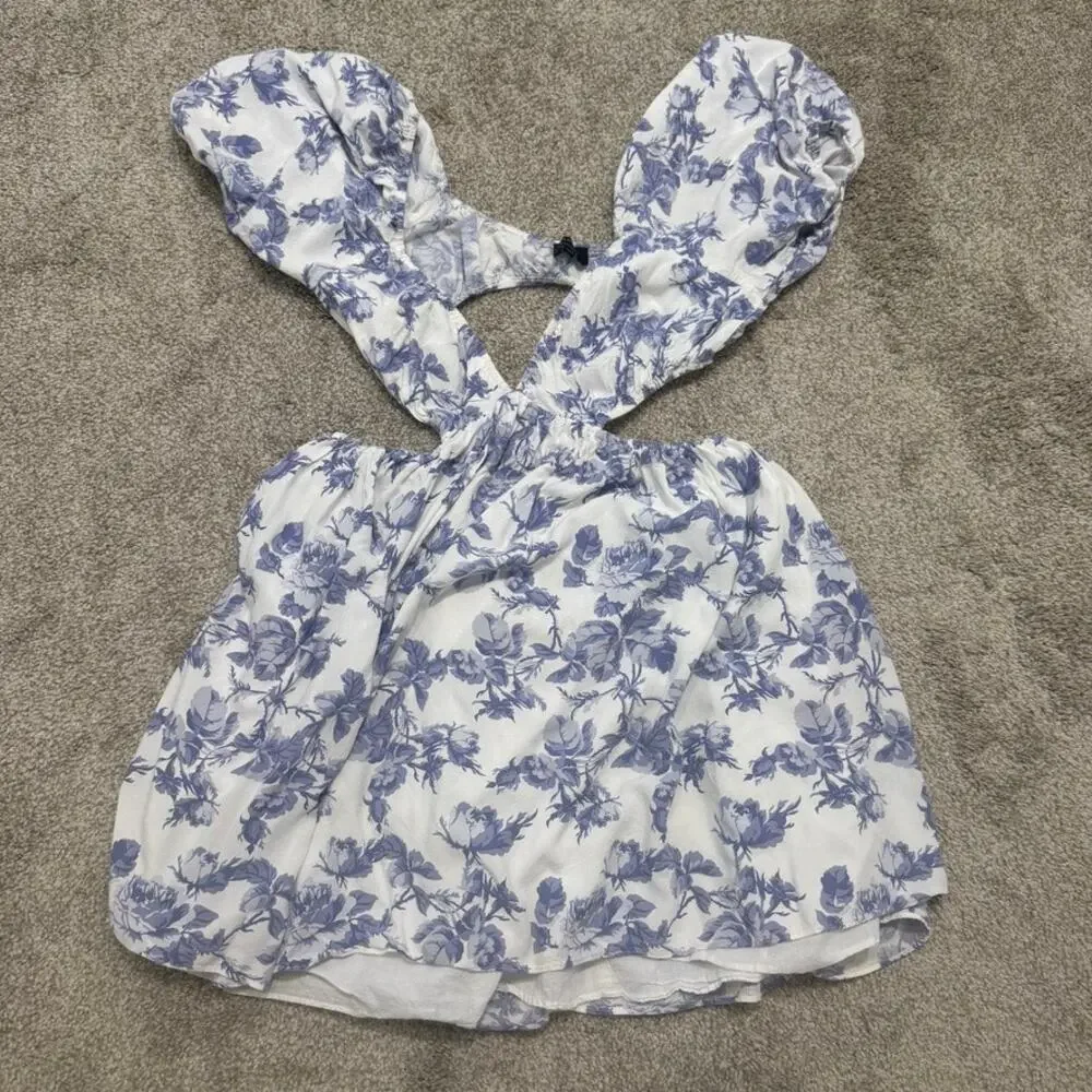 Bardot 8 L Eden floral v front open back puff sleeve mini dress D4 3320 - Picture 8 of 10